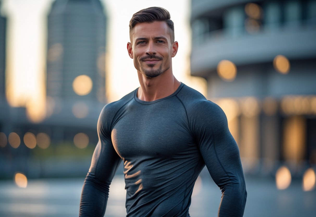 Athletic man wearing a long sleeve workout shirt standing outdoors in an urban setting.