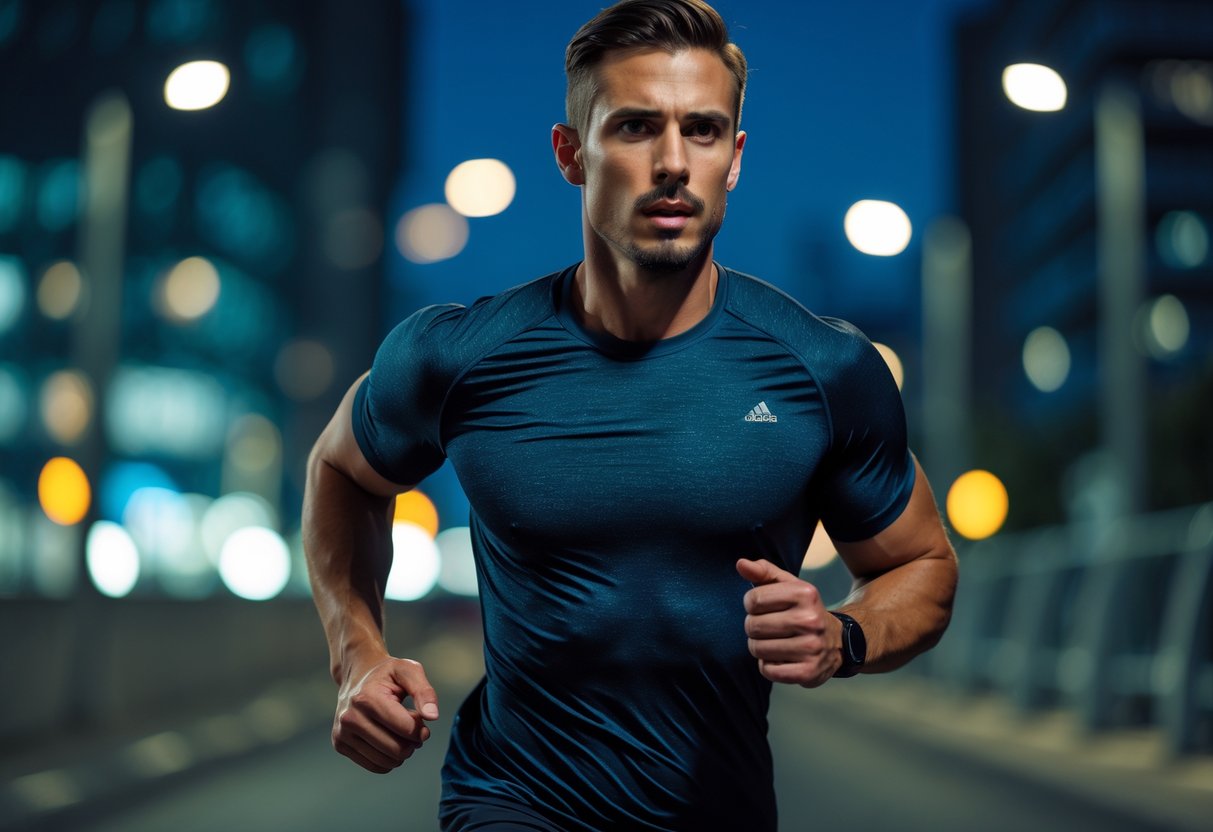 A man running at night in a dark workout t-shirt on a city street with streetlights in the background.