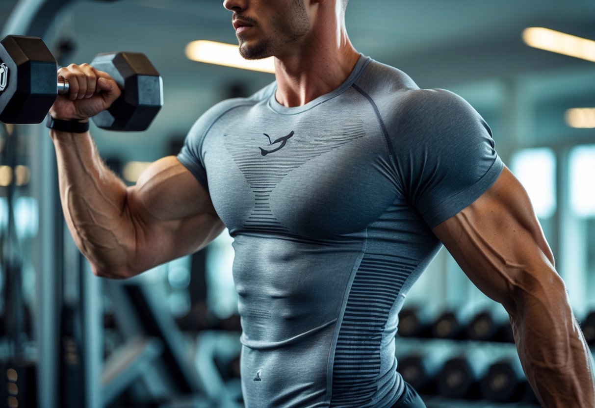 A fit man exercising in a gym wearing a seamless workout shirt, surrounded by gym equipment.
