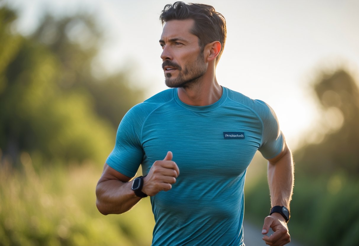 Athletic man exercising outdoors wearing a lightweight performance shirt in a natural setting.