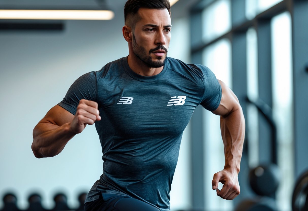 A fit man exercising indoors wearing a New Balance workout shirt.