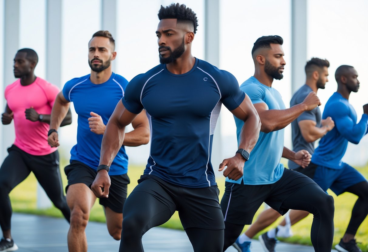 A group of fit men exercising outdoors wearing different workout shirts, running, stretching, and lifting weights.