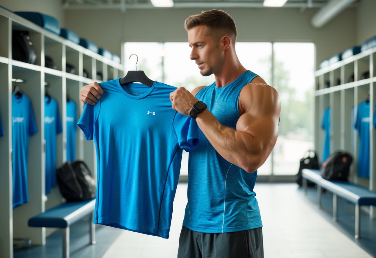 A fit man in a gym locker room comparing two workout shirts while deciding which one to wear.