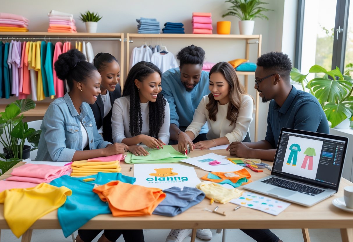 A group of people working together in a bright studio with fabric, clothing sketches, and sewing tools around them.