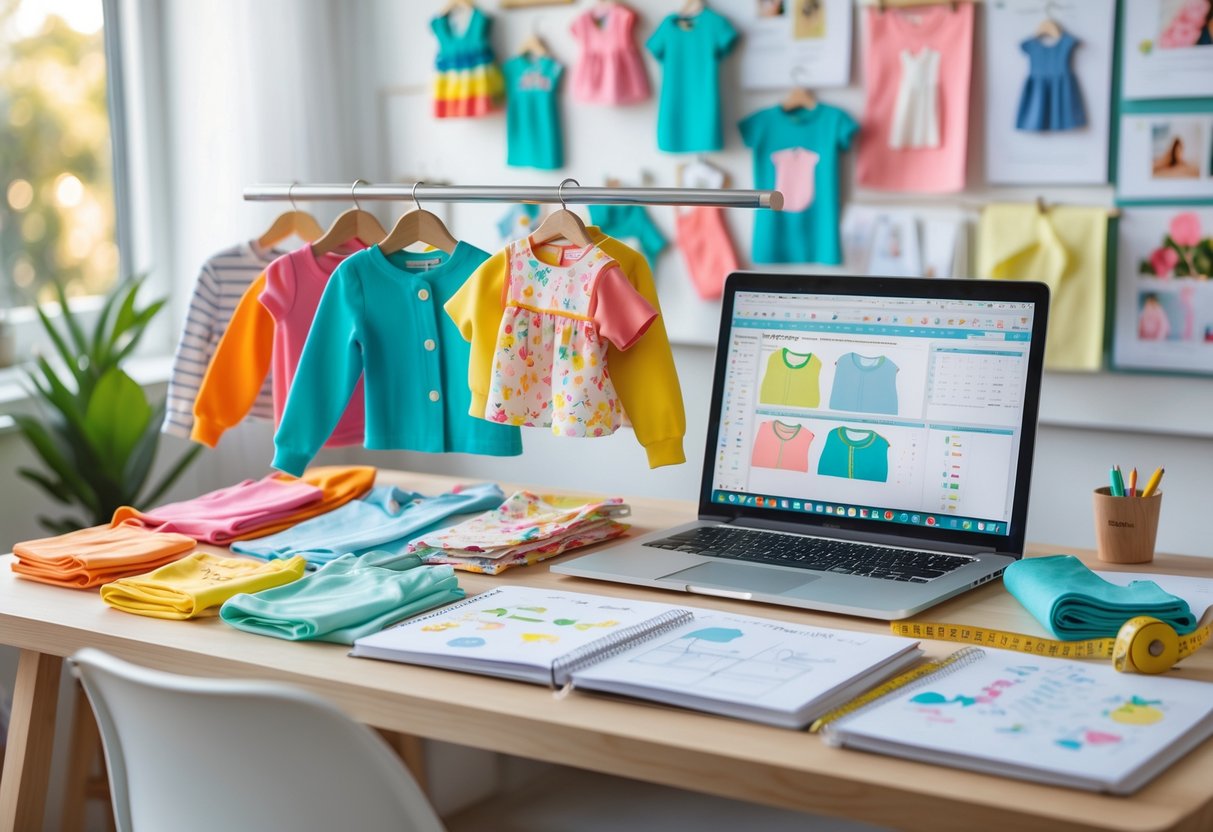 A workspace with children's clothing samples, a laptop showing design sketches, fabric swatches, and a mood board in the background.