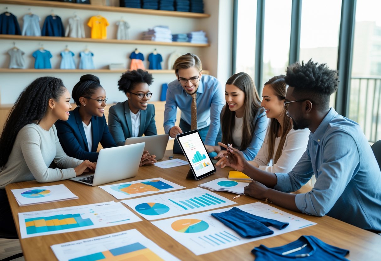 A group of people working together around a table with laptops, charts, and kids clothing samples in an office.