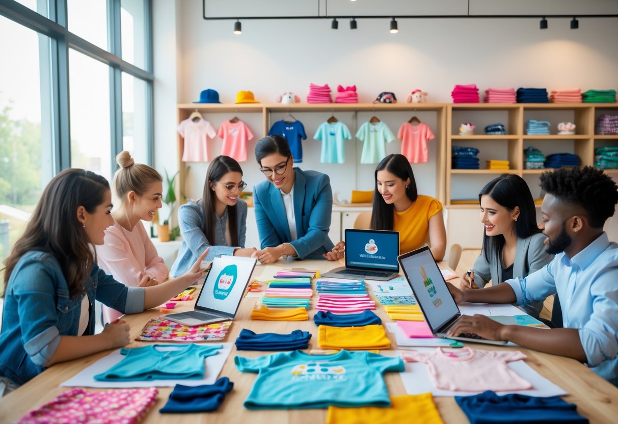 A team of professionals working together around a table with kids clothing designs, fabric samples, and laptops in a bright office.