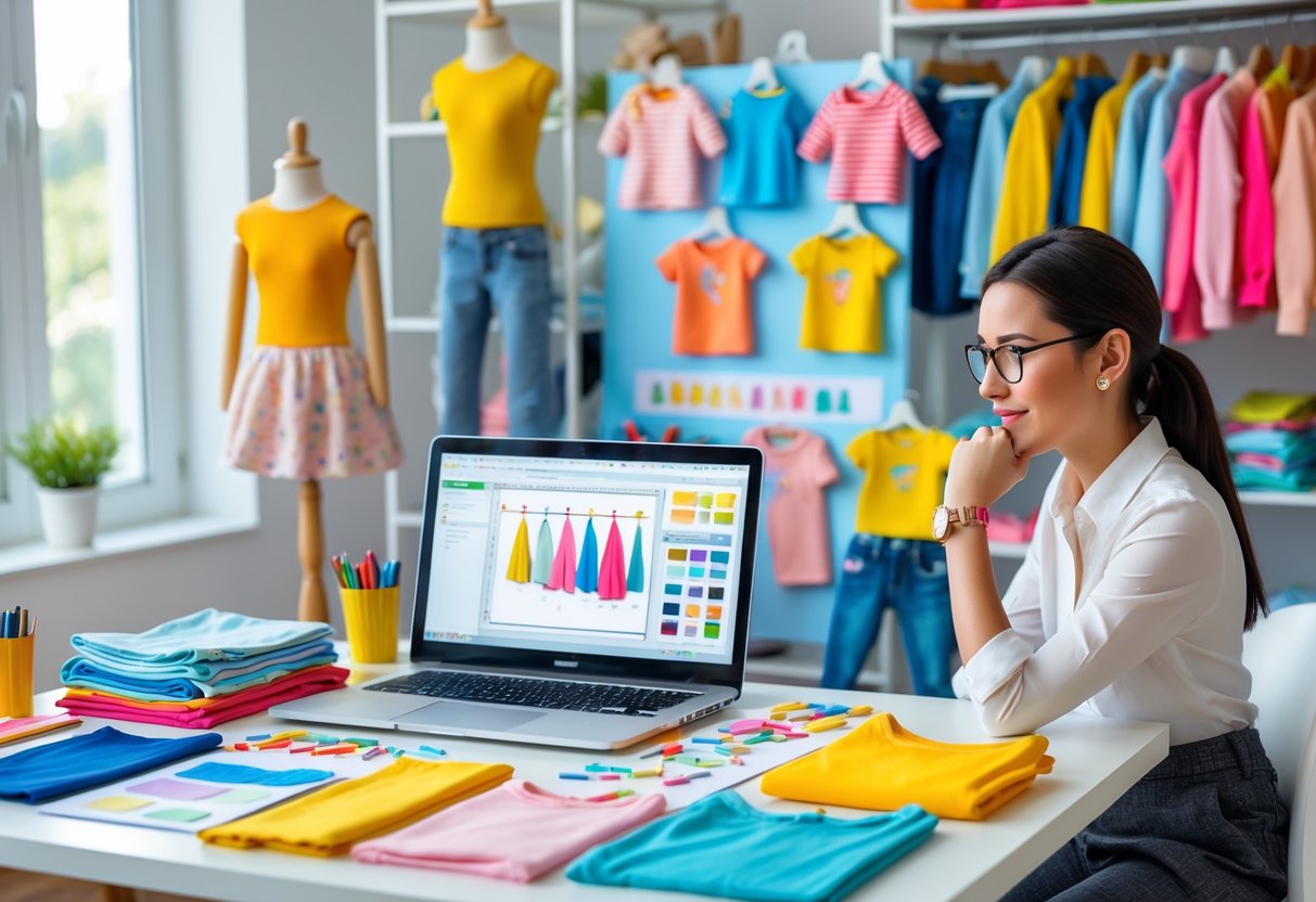A designer's workspace with kids clothing sketches, fabric samples, a laptop showing designs, and children's clothes displayed on shelves and mannequins.