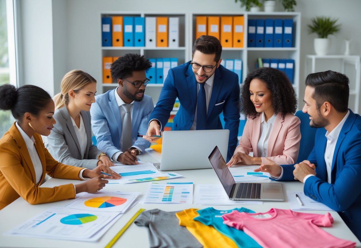 People working together at a table with children's clothing samples and legal documents in an office setting.