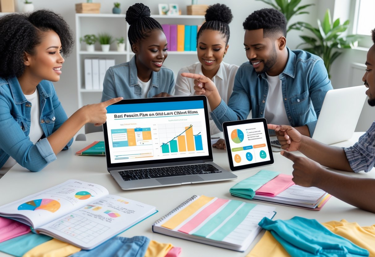 A group of people working together at a desk with laptops, notebooks, fabric samples, and clothing sketches in a bright office.