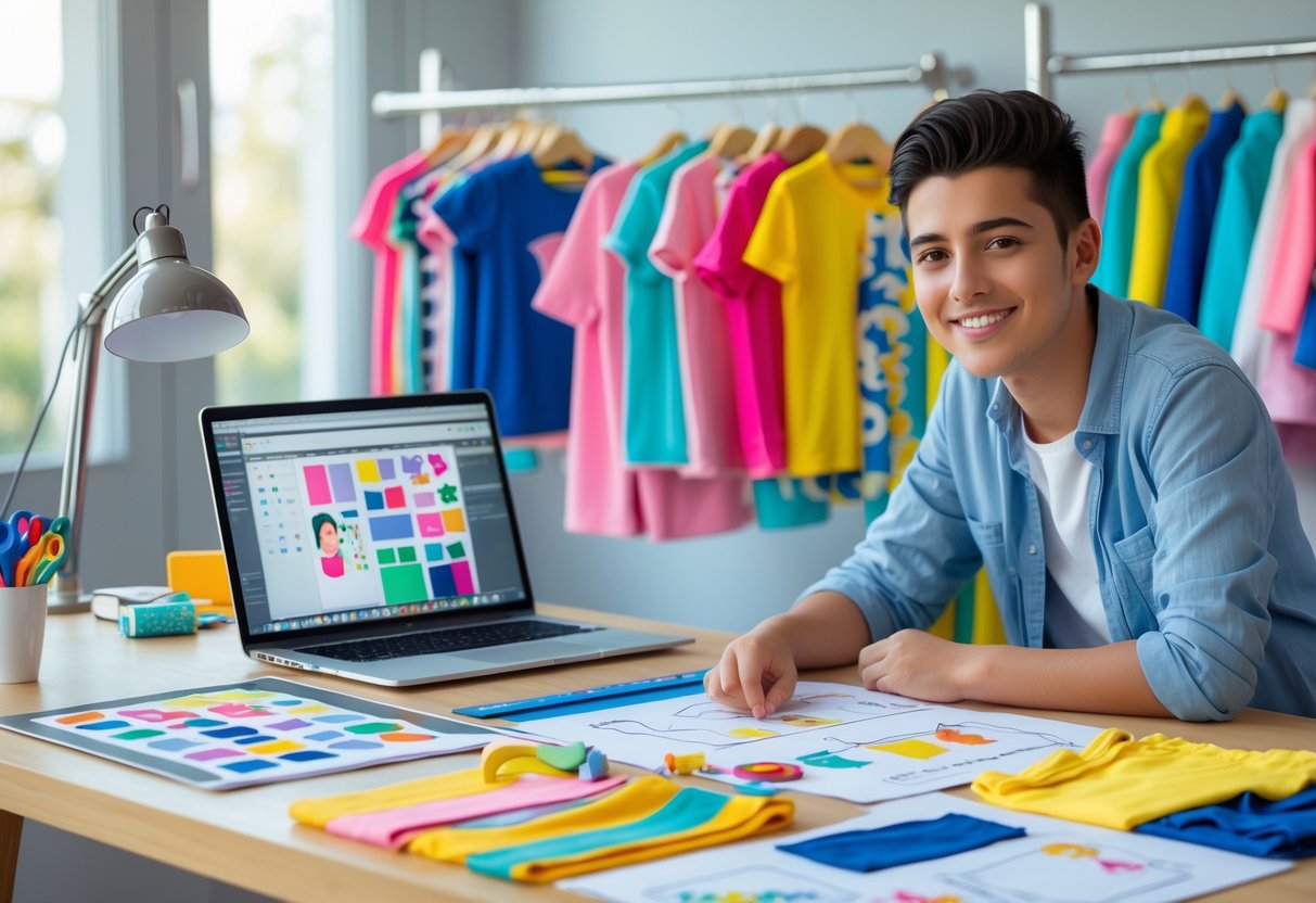 A person reviewing kids clothing designs at a desk with fabric swatches and sewing tools, with racks of colorful children's clothes in the background.