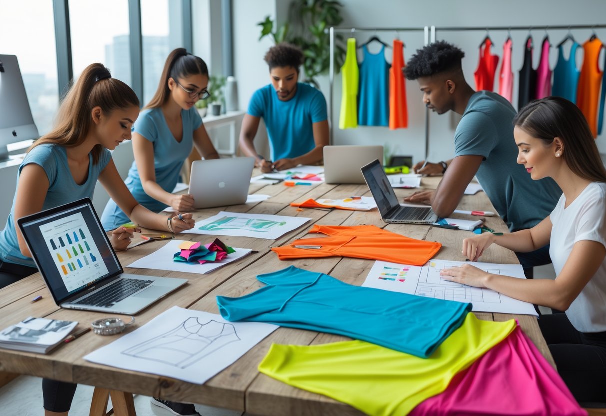 A group of people working together in a bright studio with fitness clothing designs, fabric, and a laptop on a table.