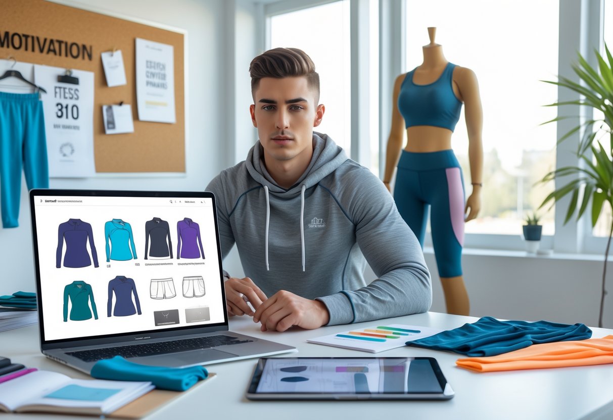 A person working at a desk with clothing sketches, fabric samples, and a mannequin wearing activewear in a bright workspace.
