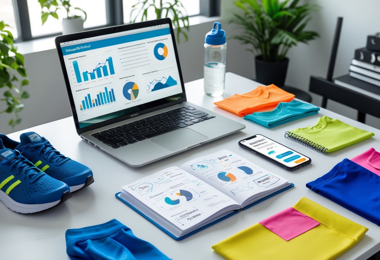 A workspace with a laptop, notebook with clothing sketches, running shoes, and fabric swatches arranged on a desk in an office setting.