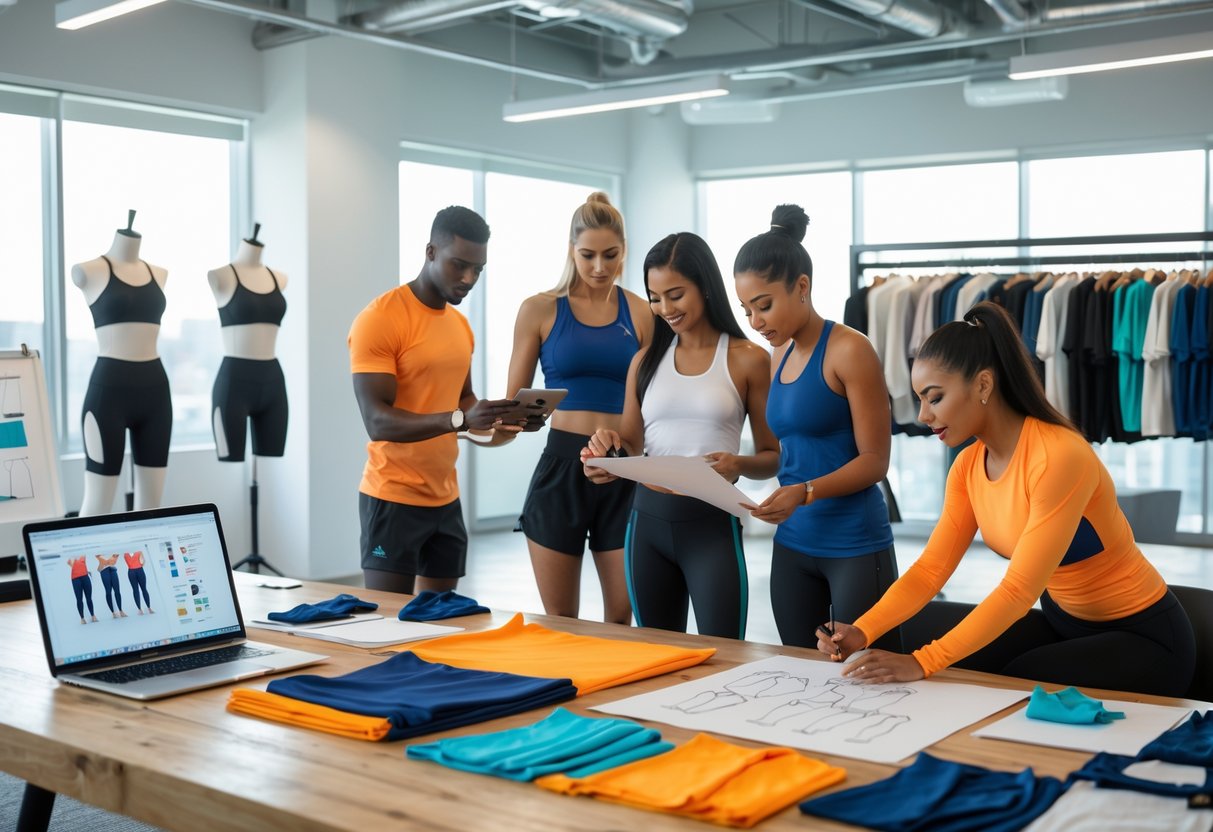 Designers collaborating around a table with fabric samples, sketches, and laptops in a workspace with mannequins displaying fitness clothing.