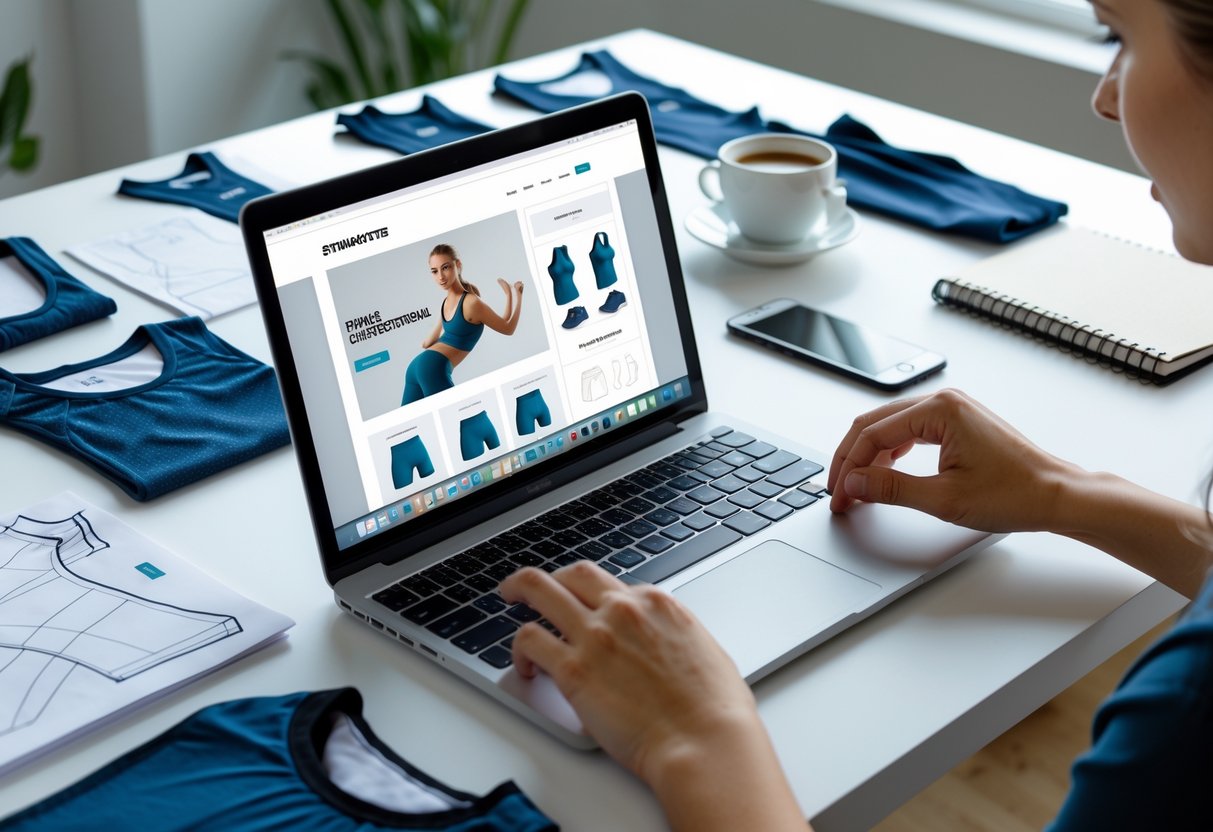 A person working at a desk with a laptop, sketches, and fabric samples related to fitness clothing design.