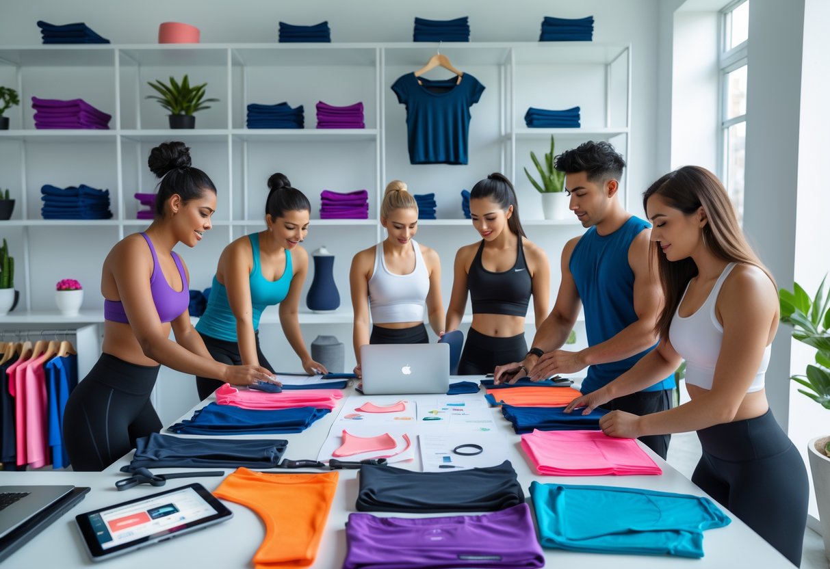 A group of people working together around a table with fitness clothing samples, design sketches, and a laptop in a bright workspace.