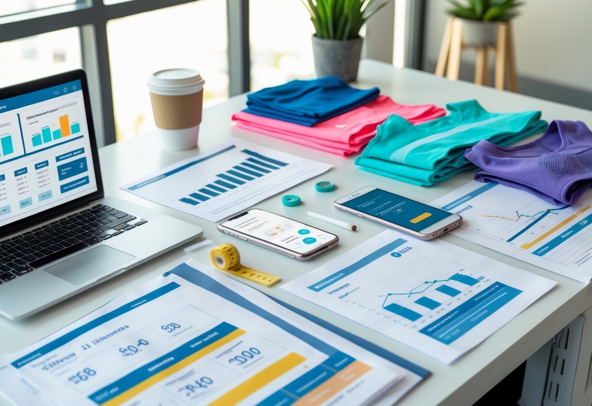 A workspace with a laptop, smartphone, documents, and fitness clothing samples arranged on a desk in a bright office setting.