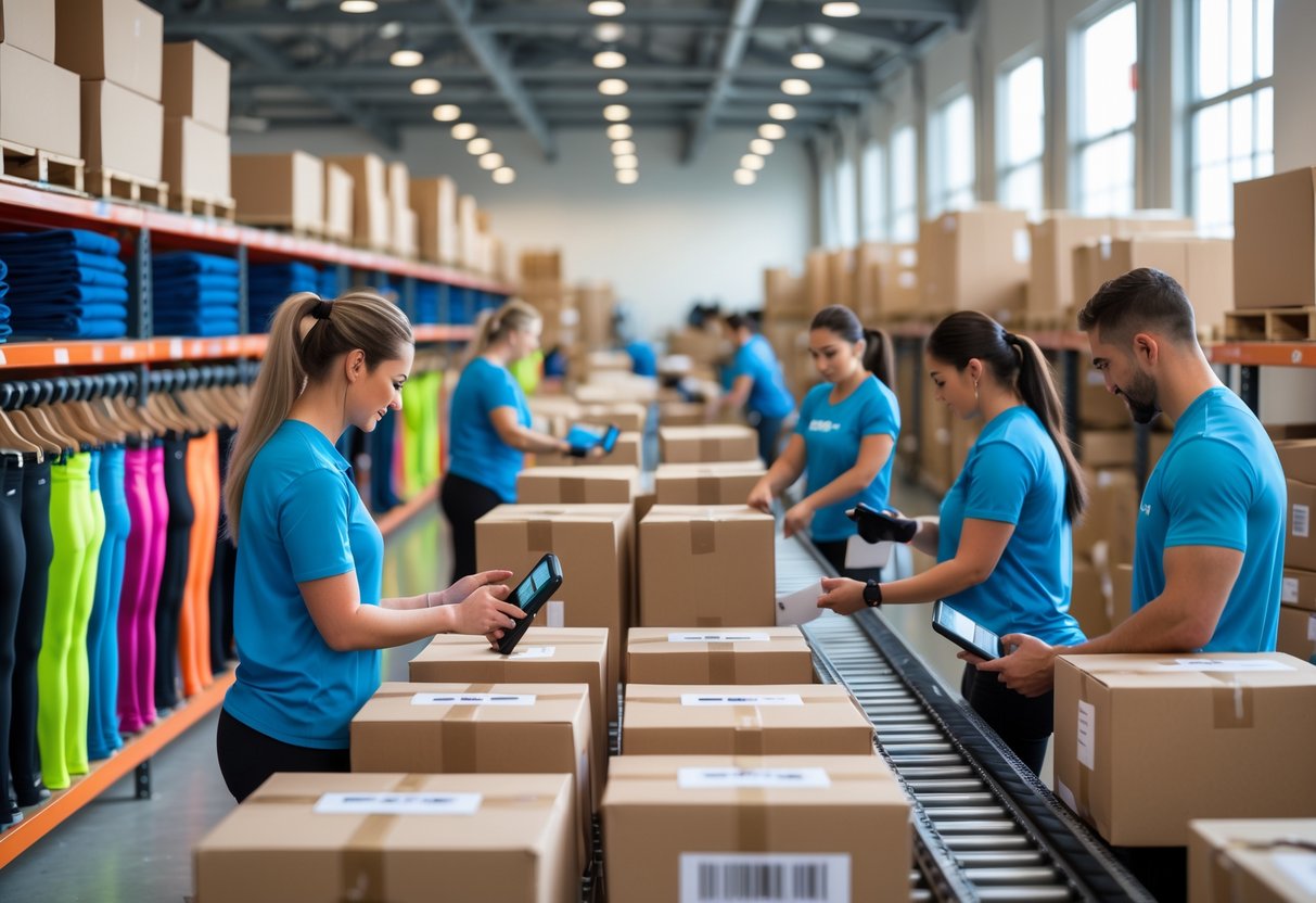 Workers packing fitness clothing in a warehouse with shelves of athletic apparel and shipping boxes.