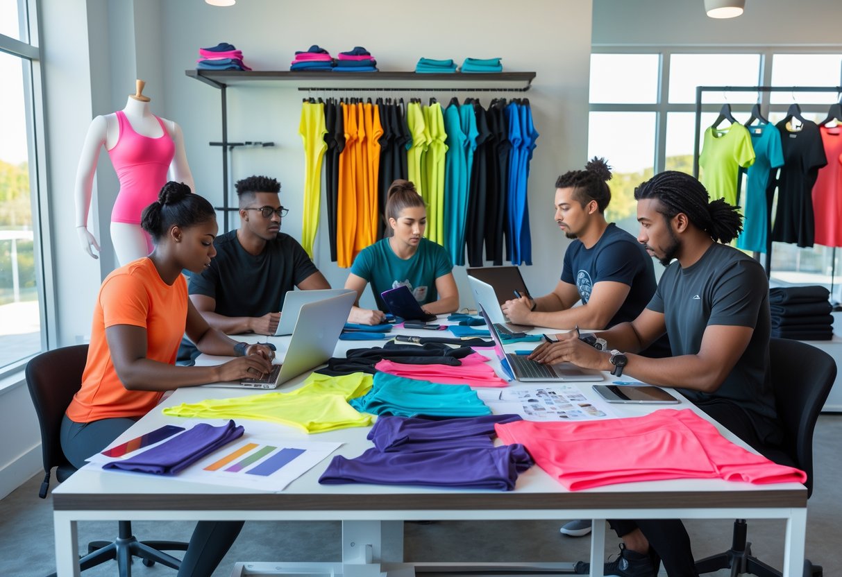A group of people working together around a table with fitness clothing samples, laptops, and design materials in a bright workspace.