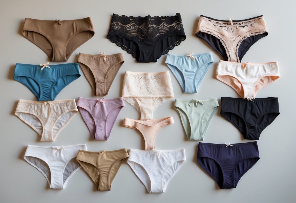 A flat lay of various types of women's panties arranged neatly on a neutral background.