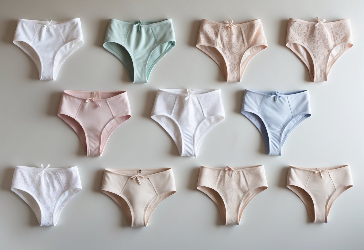 A collection of various types of women's panties arranged neatly on a plain background.