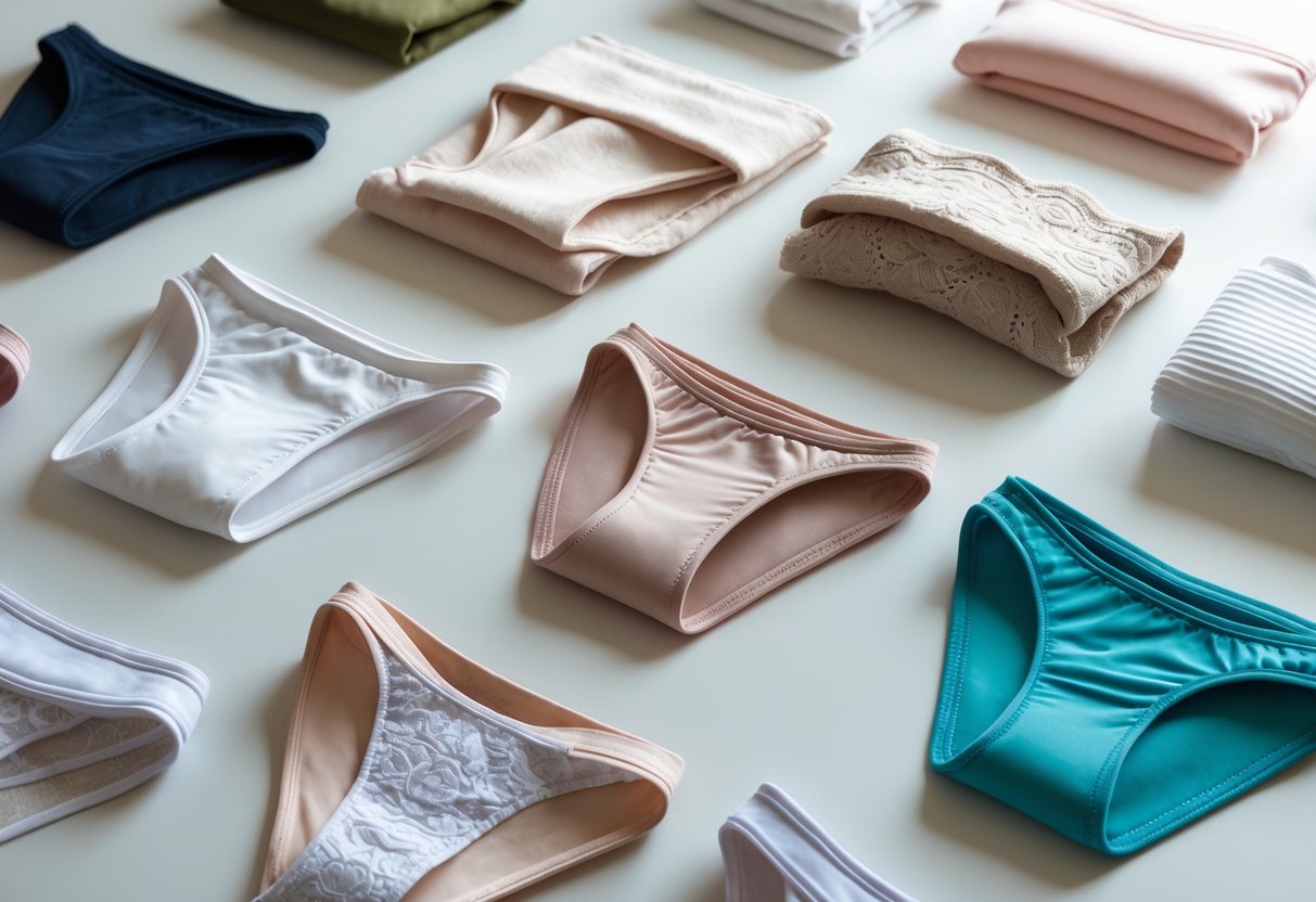 A flat lay of various bikini-style panties in different colors and fabrics arranged on a neutral background.
