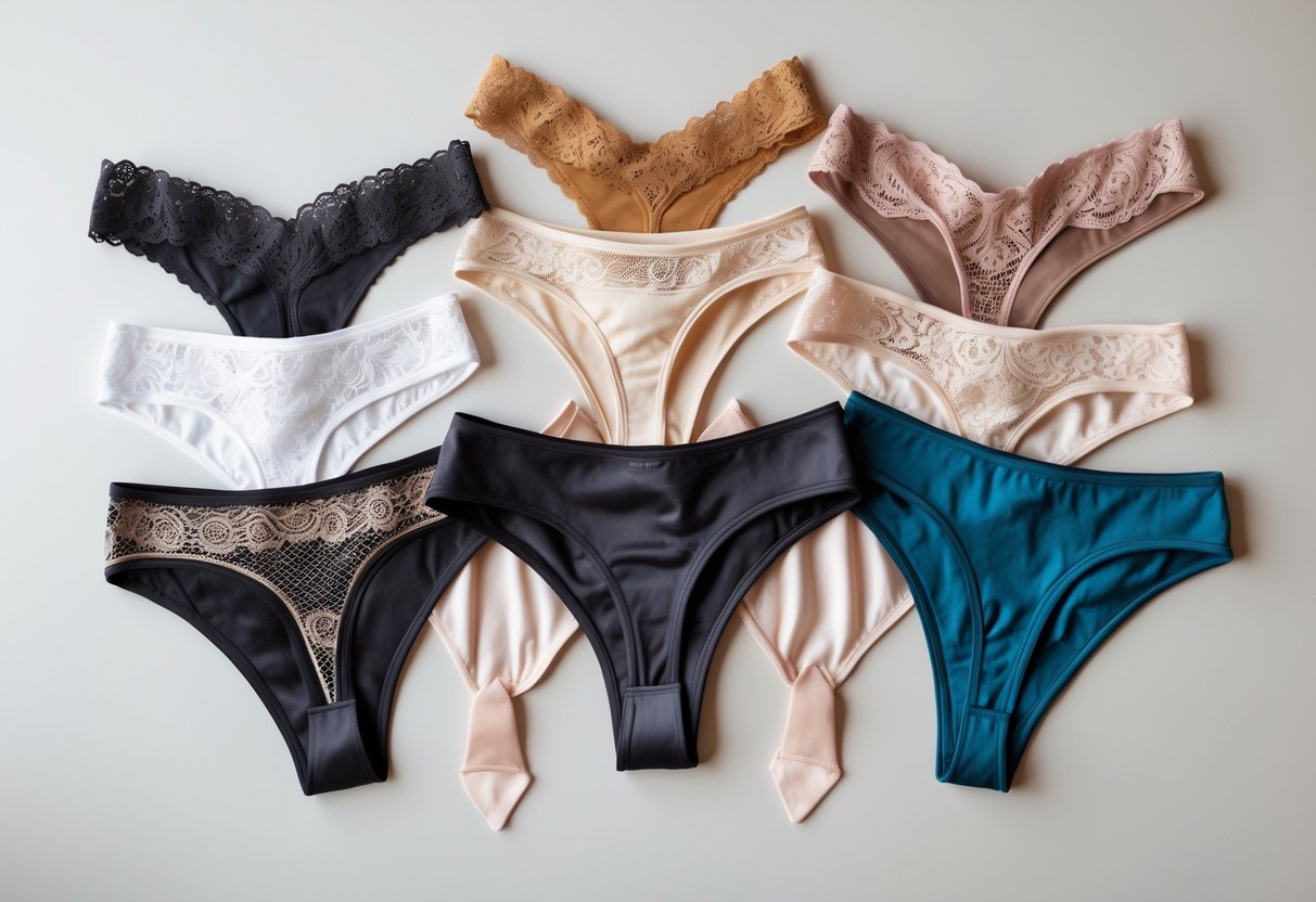 A flat lay of various styles of women's thong panties arranged neatly on a neutral background.