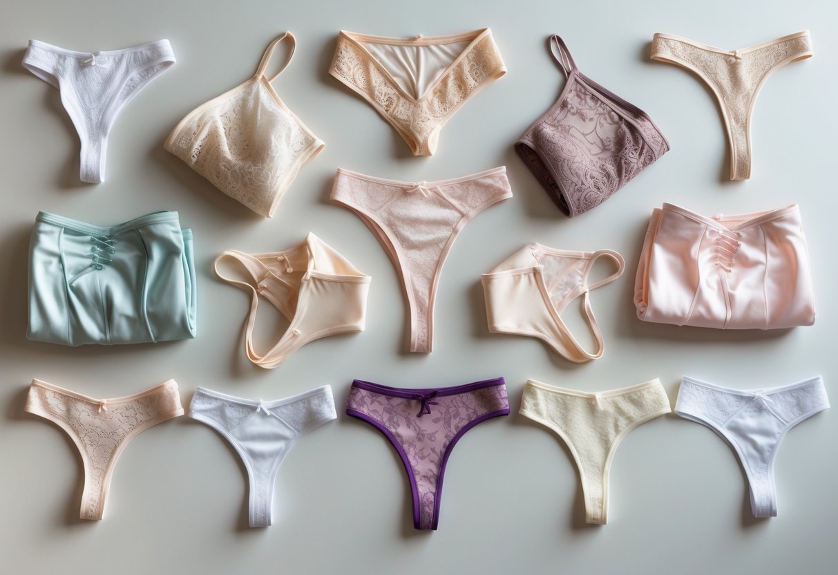 A neatly arranged collection of different styles of women's G-string panties displayed on a neutral background.