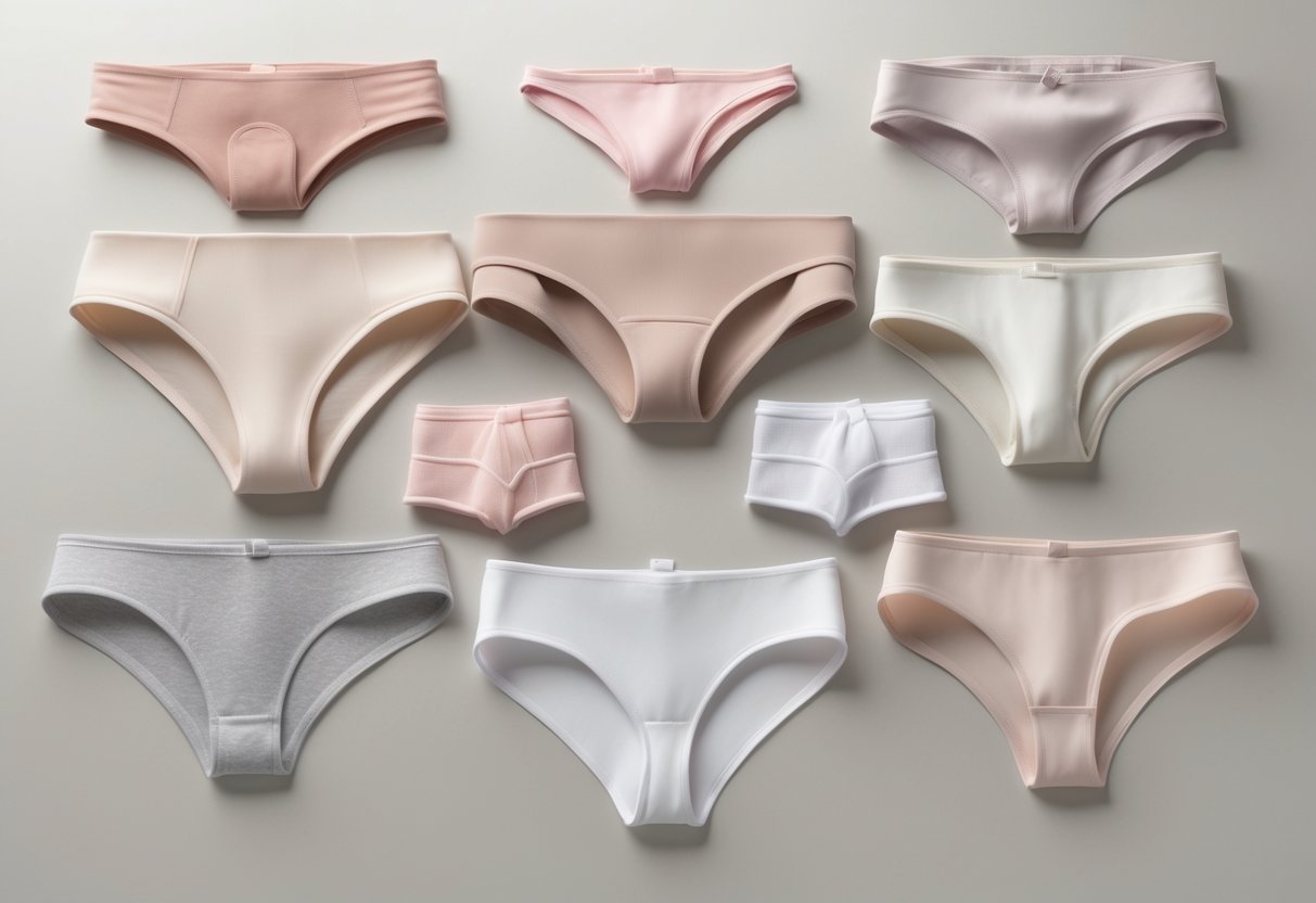 A flat lay of different types of seamless panties arranged on a neutral background.