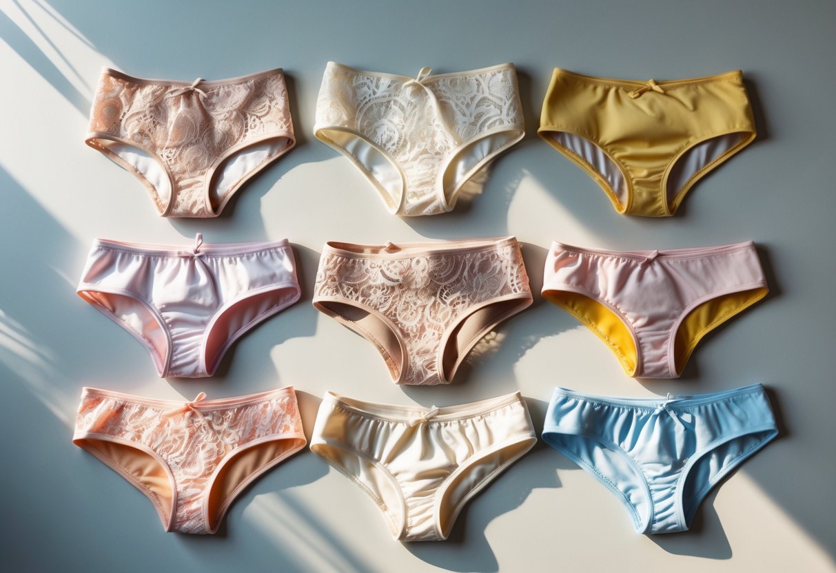 A neatly arranged collection of different types of cheeky panties displayed on a clean surface.