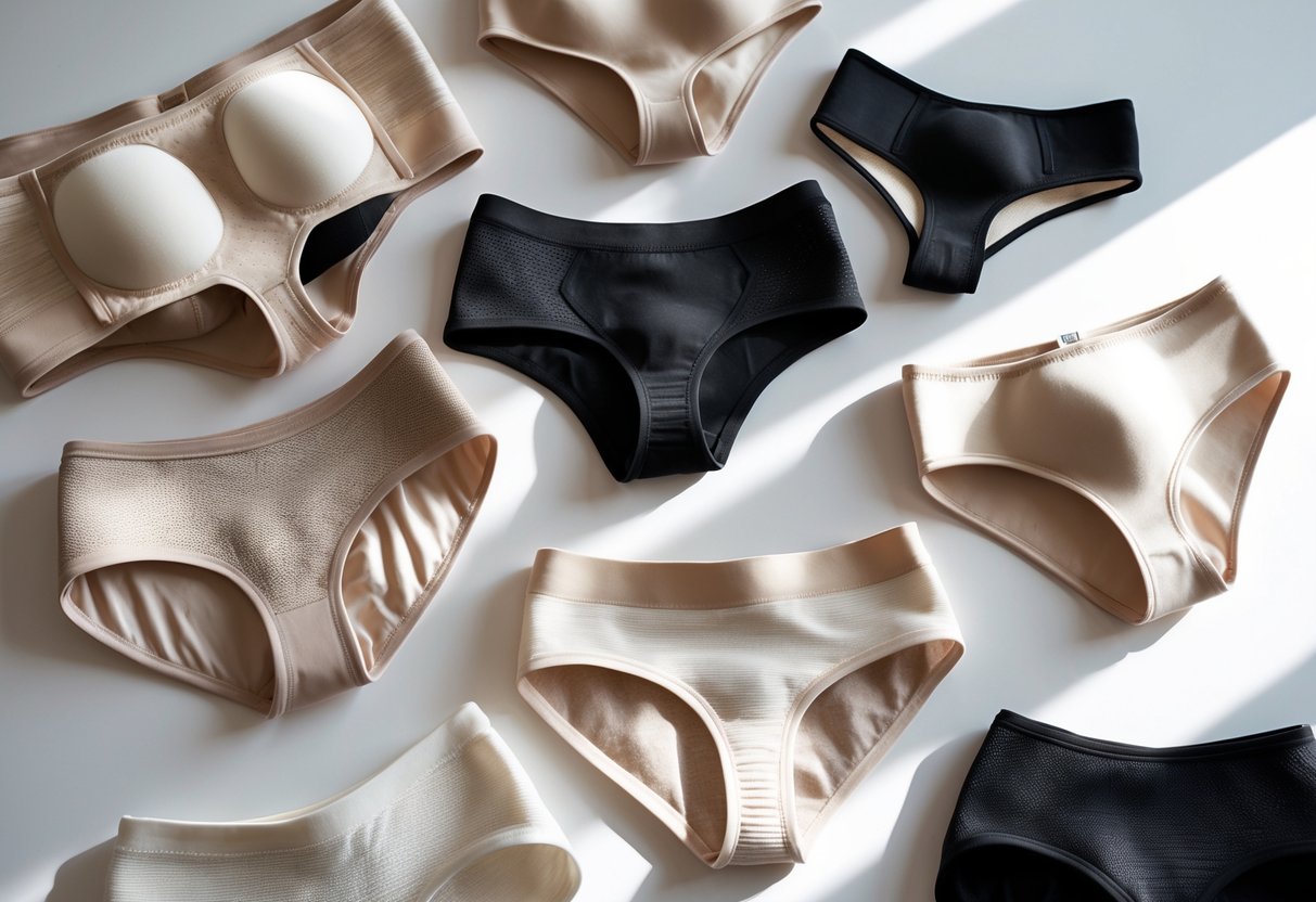 A collection of different types of women's control briefs and panties arranged on a white surface.