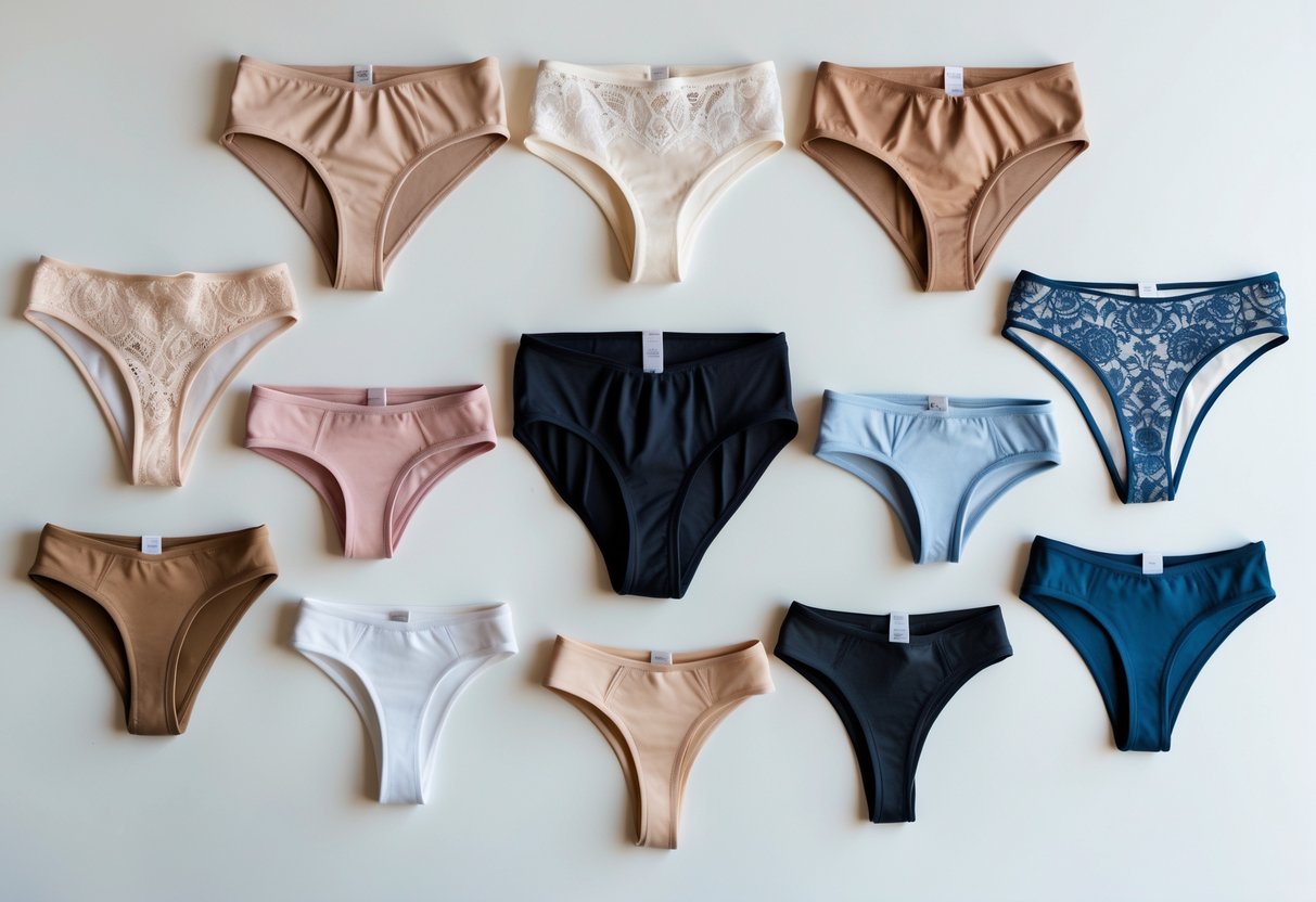 A neatly arranged selection of women's underwear in different styles and colors displayed on a white surface.