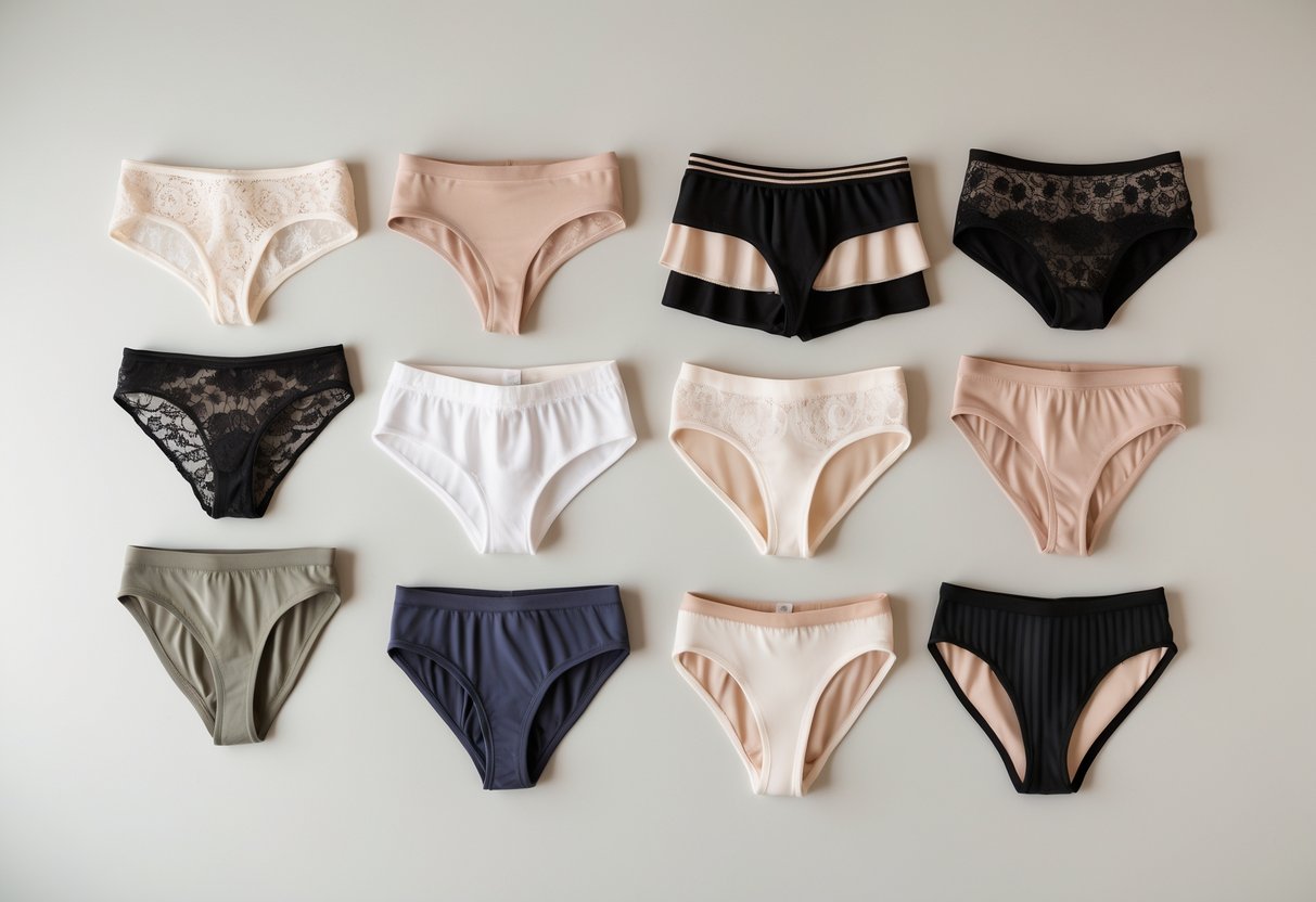 A collection of different types of women's panties arranged neatly on a plain background.