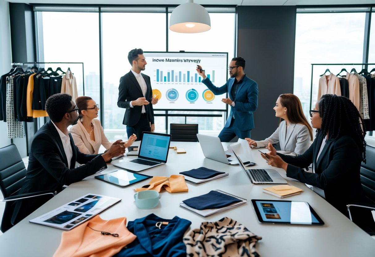 A group of diverse professionals collaborating around a table with laptops, clothing samples, and digital presentations in a bright office with fashion items in the background.