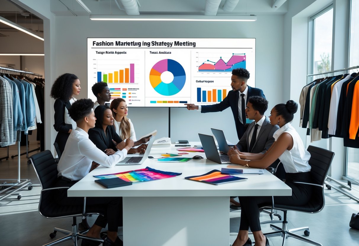 A diverse group of professionals discussing marketing strategies around a conference table with fashion items and a digital screen showing charts.