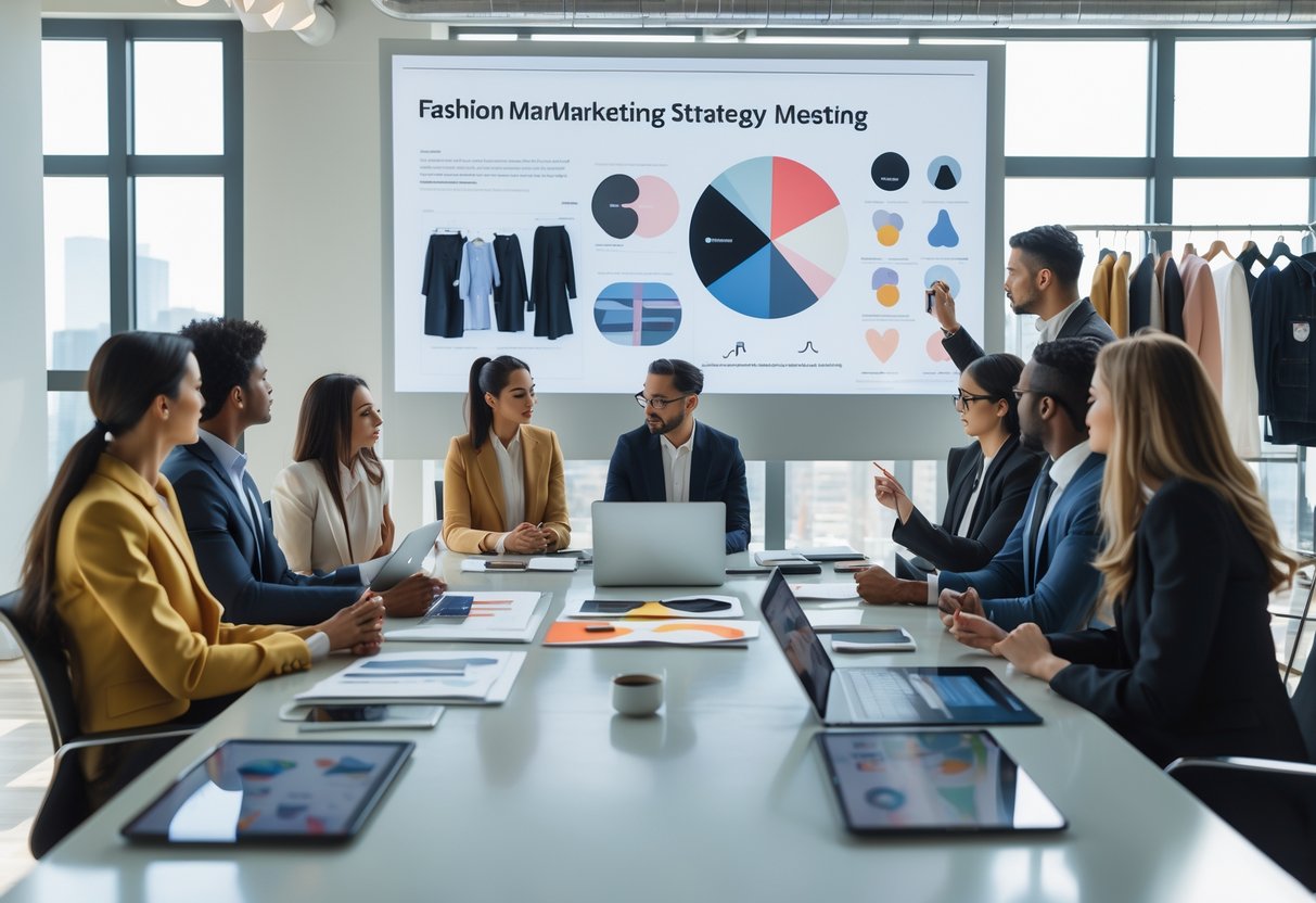 A group of professionals collaborating around a conference table with laptops and presentation materials about fashion branding.