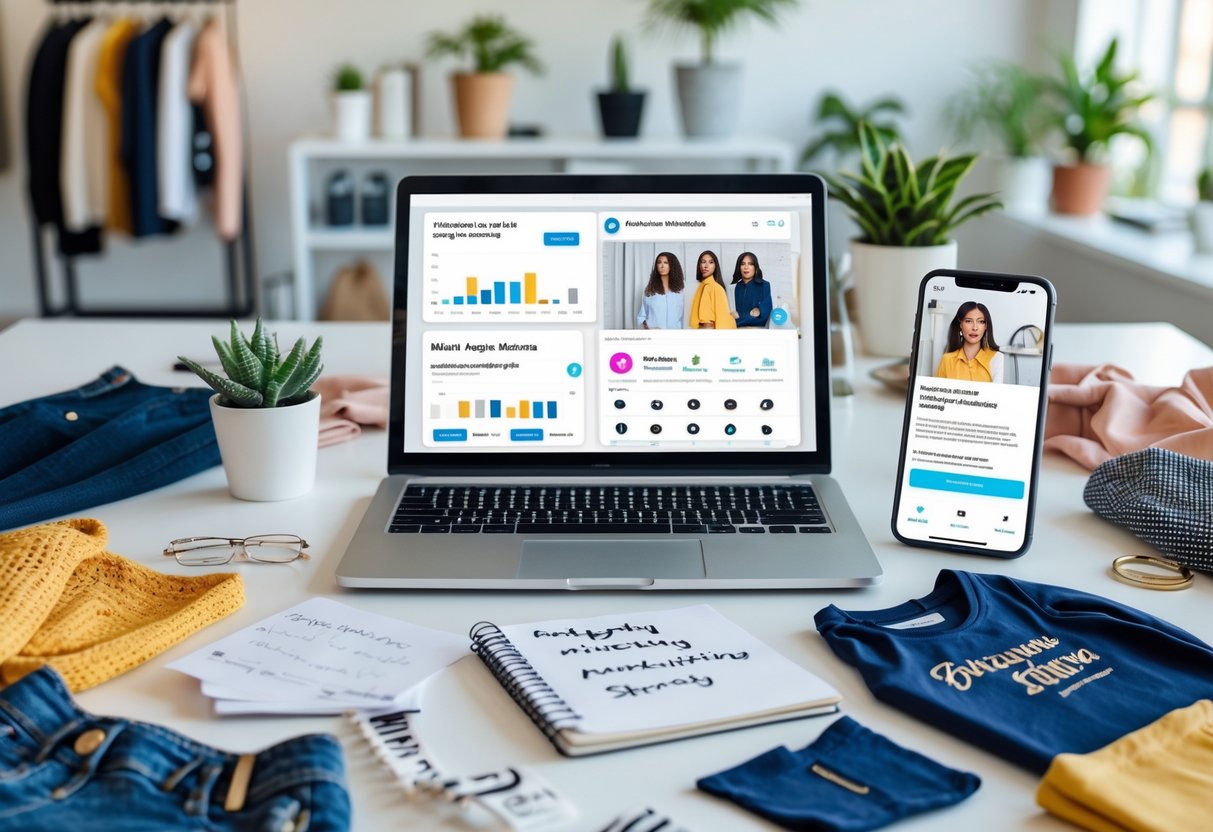 A workspace with a laptop, smartphone, notebook, and fashion items arranged on a desk in a bright office.