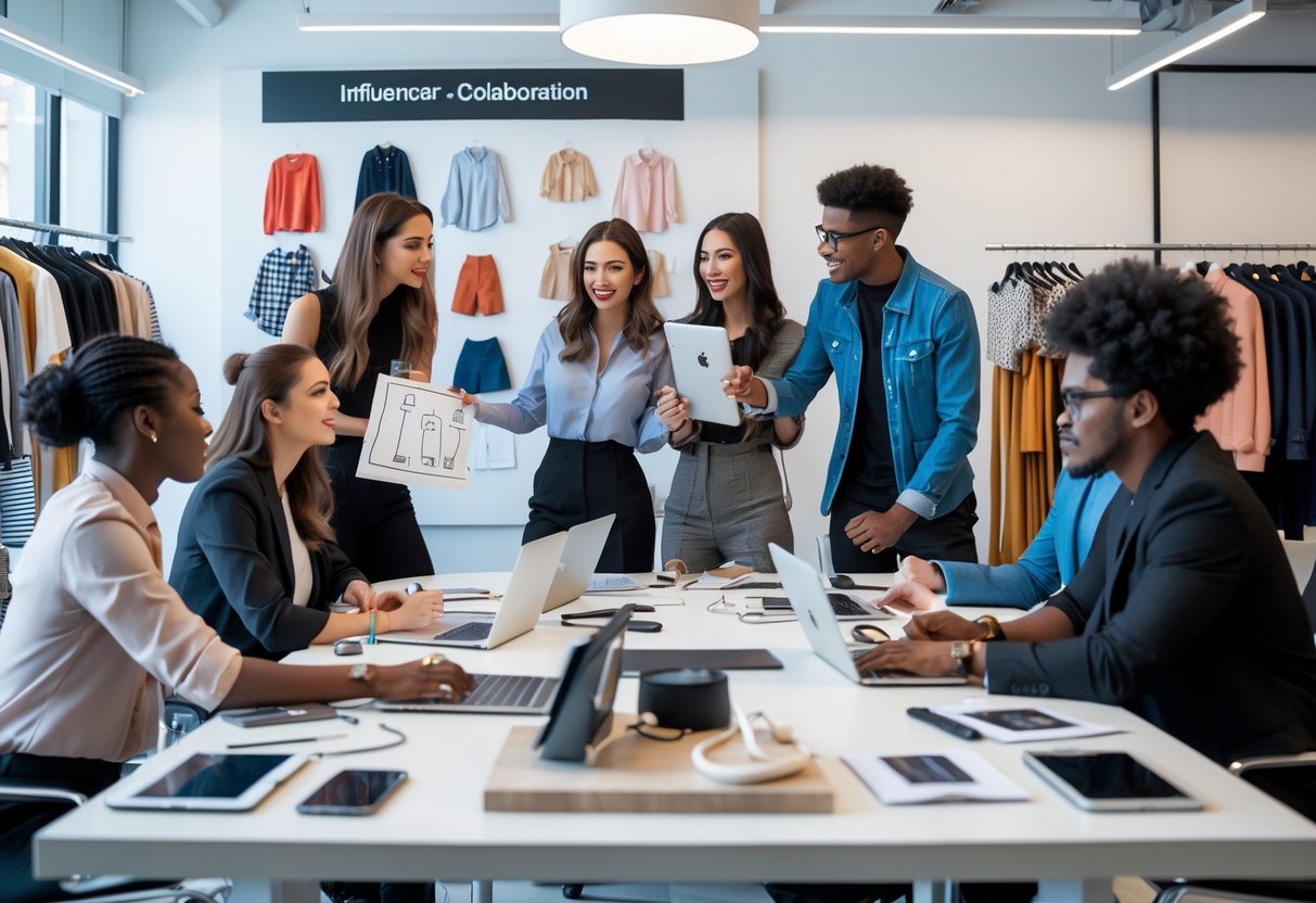 A group of fashion professionals collaborating around a table with laptops and clothing displays in a bright office.