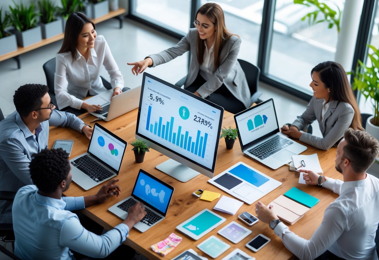 A group of marketing professionals working together around a table with laptops, digital charts, and clothing samples in a bright office.
