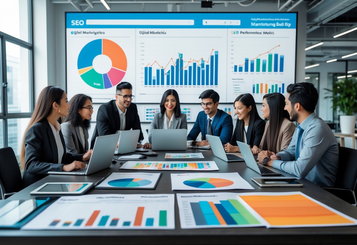 A group of professionals collaborating around a table with laptops and charts in an office focused on fashion marketing strategies.