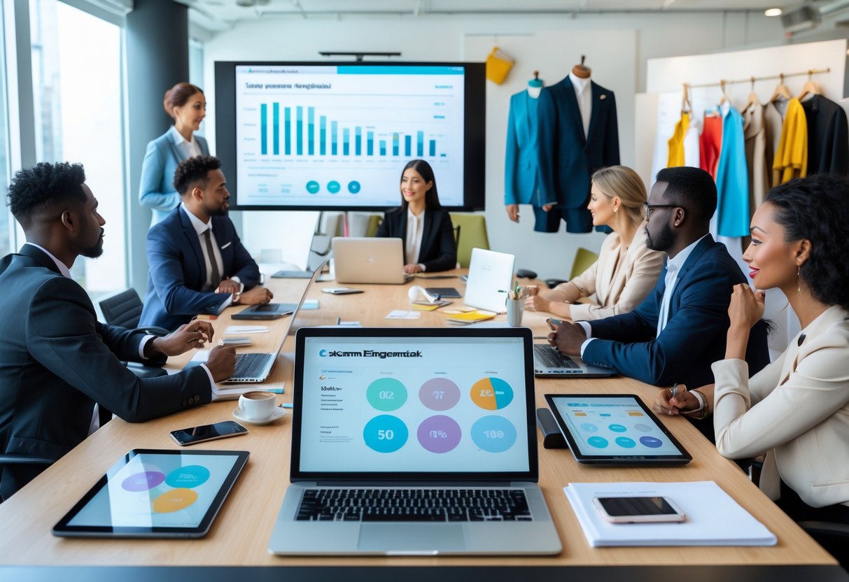 A group of fashion marketing professionals collaborating around a conference table with digital devices and clothing samples in a modern office.