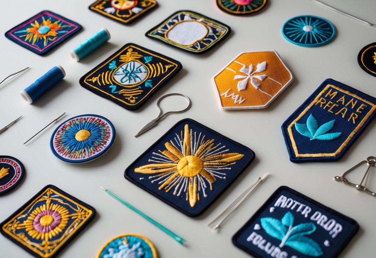 Various fabric patches of different types arranged neatly with sewing tools on a plain background.