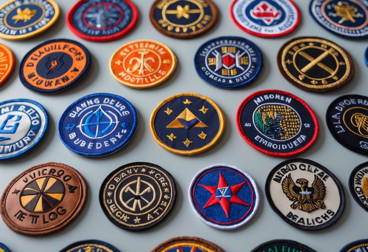A collection of various embroidered patches displayed on a plain background, showing different shapes, colors, and stitching styles.