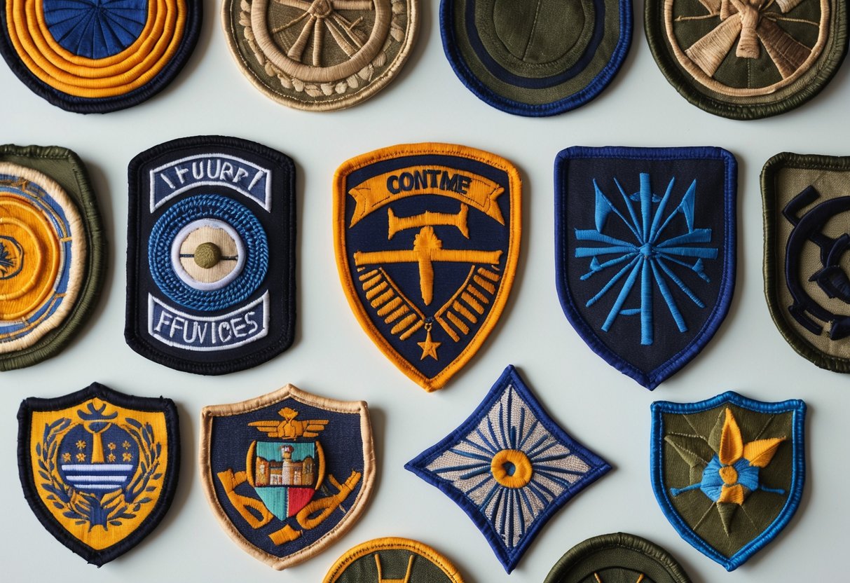 Close-up view of various colorful woven patches arranged on a neutral background.