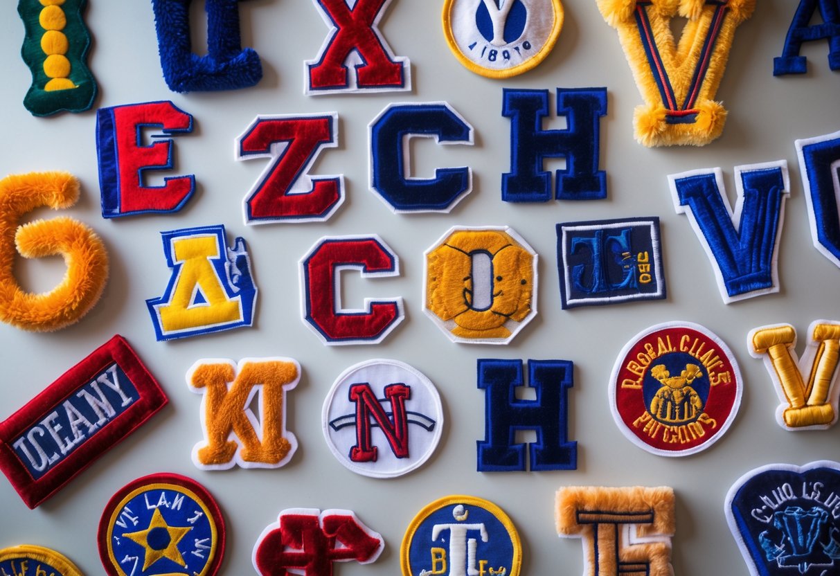 A collection of different chenille patches arranged on a plain surface, showing various shapes, colors, and textures.