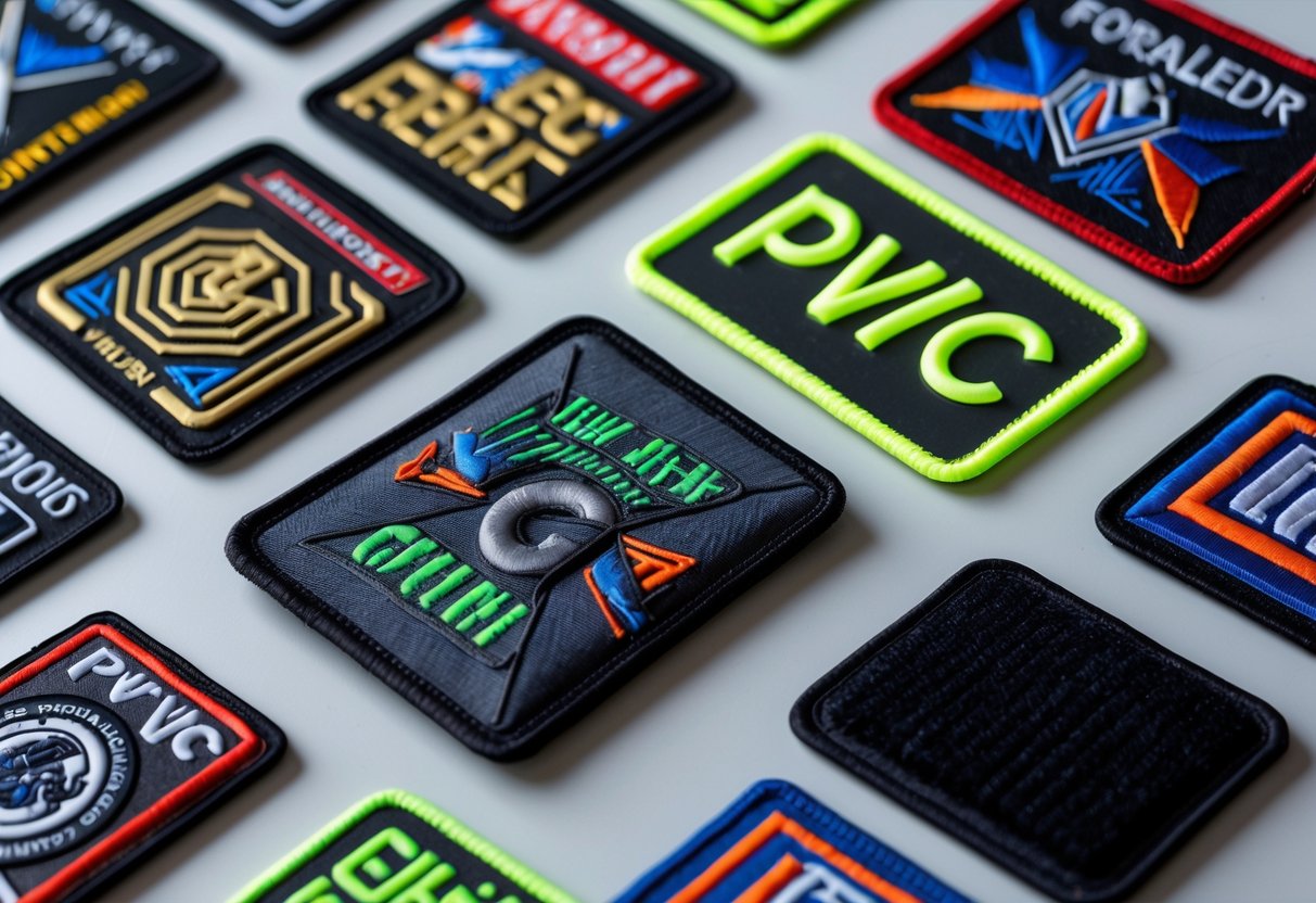 Various types of PVC patches displayed on a neutral background, showing different shapes, colors, and textures.