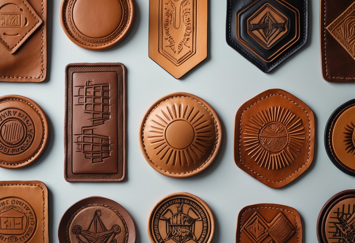Various types of leather patches arranged neatly on a plain background, showing different shapes, textures, and stitching styles.