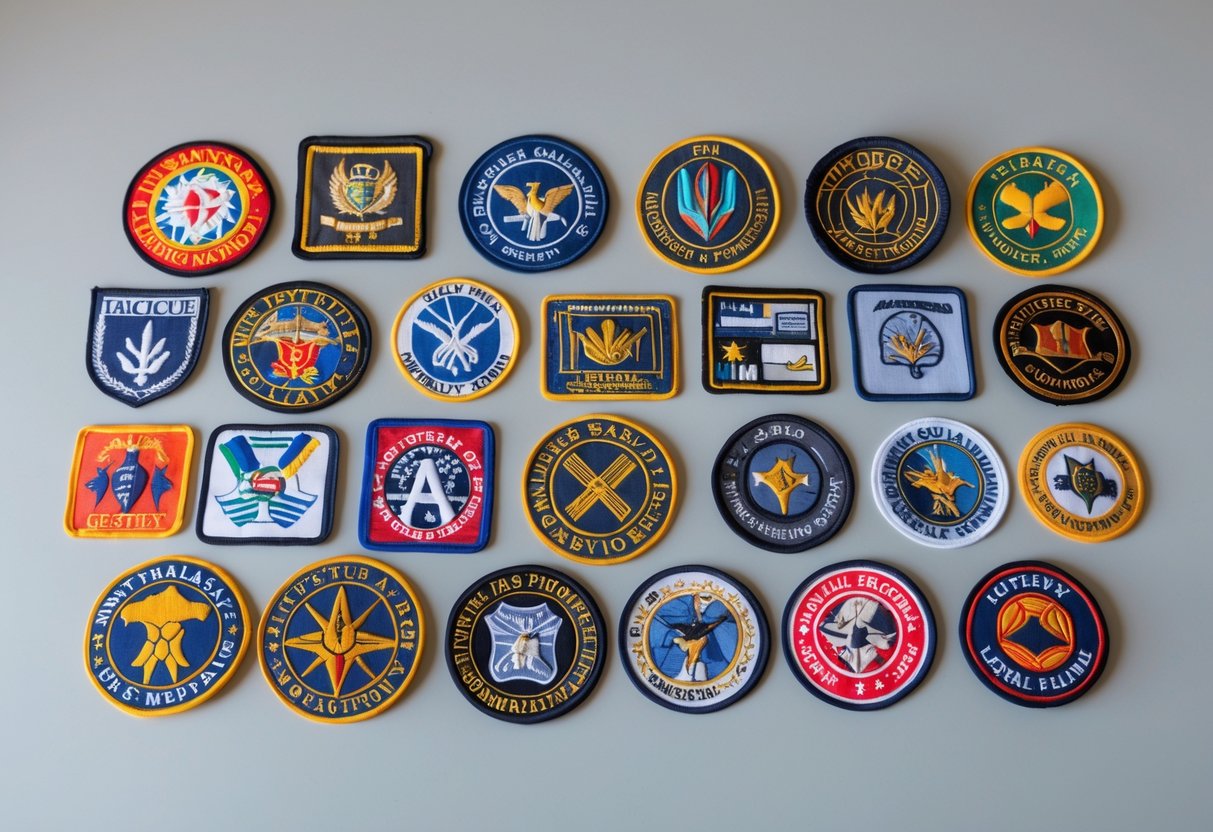 A collection of various colorful printed patches arranged neatly on a plain surface.