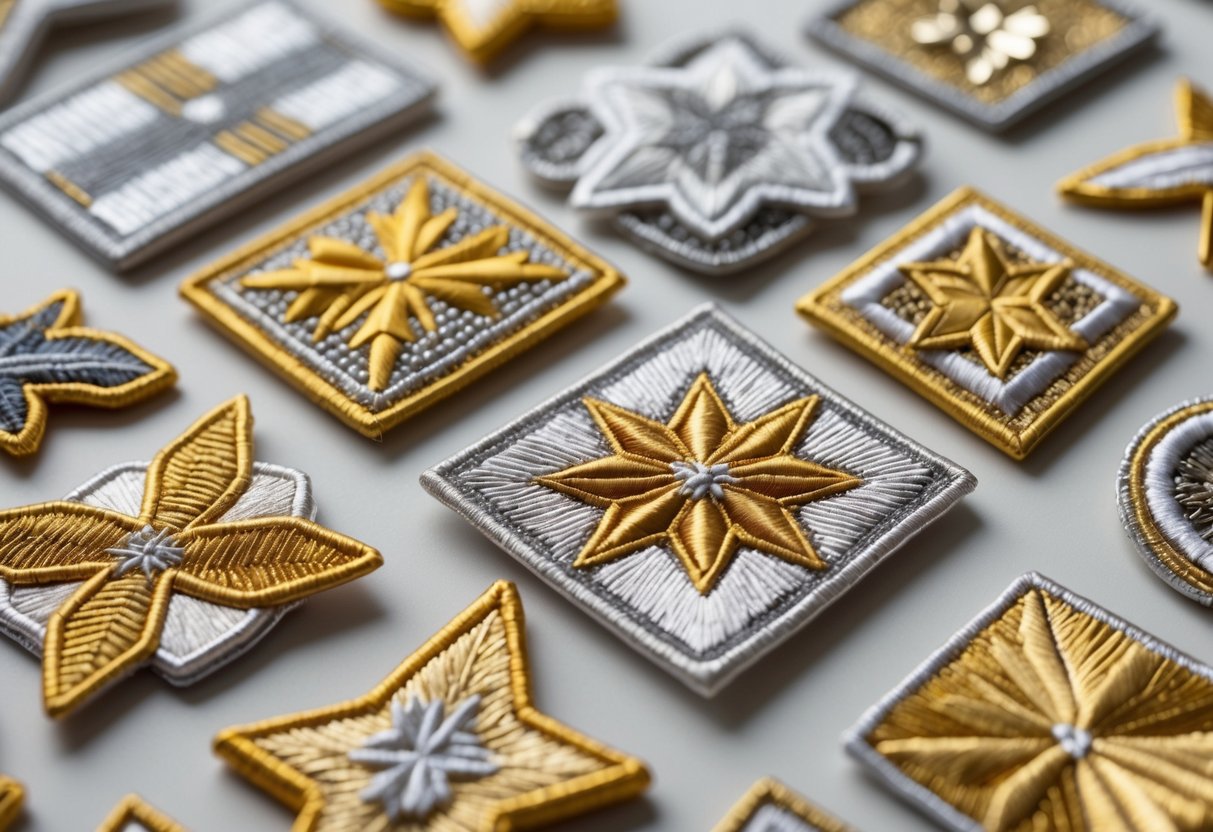A collection of different types of metallic bullion patches arranged neatly on a neutral background.